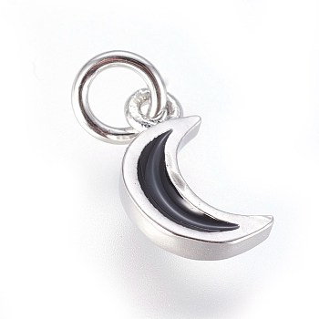 Enamel Brass Charms, with Jump Ring, Moon, Black, Platinum, 10x6x2mm, Hole: 3mm