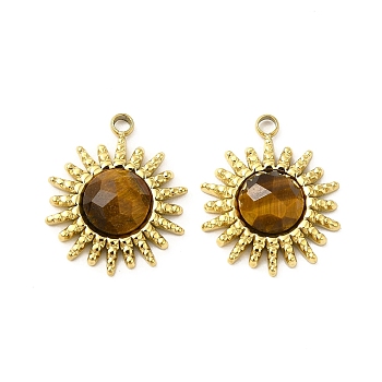 Natural Tiger Eye Pendants, Faceted Sun Charms, with Vacuum Plating Real 18K Gold Plated 201 Stainless Steel Findings, 17x14x4mm, Hole: 1.5mm