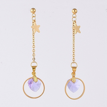 Glass Heart Dangle Ear Studs, with 304 Stainless Steel Studs & Cable Chains & Findings and Brass Ear Nuts, Lilac, 65mm, Pin: 0.8mm