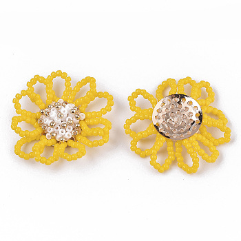 Glass Seed Beads Cabochons, with Golden Plated Brass Perforated Disc Settings, Flower, Gold, 33~36x7~9mm