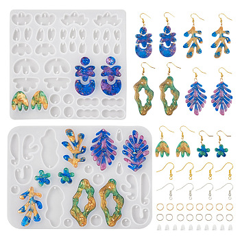 Pandahall 2Pcs 2 Style Mushroom & Leaf Earring Pendant Silicone Molds, Resin Casting Molds, with 40Pcs Brass Earring Hooks, 80Pcs Iron Jump Rings and 50Pcs Plastic Ear Nuts, White, 115~121x125~158x5~6mm, Hole: 1.5mm, Inner Diameter: 9~53x7~29mm, 1Pc/style