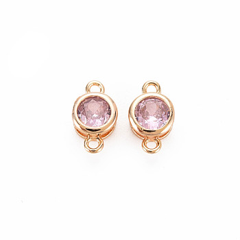 Brass Connector Charms, with Rhinestone, Nickel Free, Real 18K Gold Plated, Flat Round, Violet, 9x5x3mm, Hole: 1mm