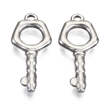 304 Stainless Steel Pendants, Key, Stainless Steel Color, 22x10x2mm, Hole: 1.4mm