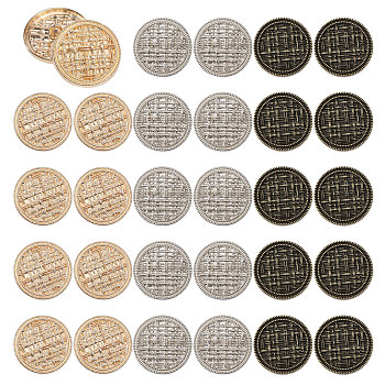 30Pcs 3 Style Zinc Alloy Shank Buttons, 1-Hole, Flat Round with Grid, Mixed Color, 22~25.5x2.5~8mm, Hole: 2~2.5mm, 10pcs/style