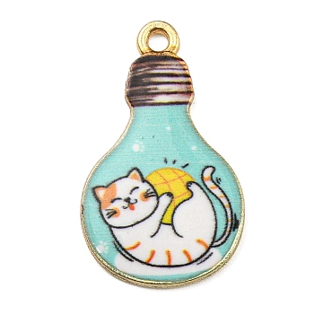 Alloy Pendant, Lead Free & Cadmium Free & Nickel Free, Lamp Bulb with Cat Shape, Pale Turquoise, 28x17x1.5mm, Hole: 1.8mm