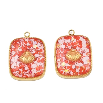 304 Stainless Steel Enamel Pendants, Rectangle with Shell Shape, with Sequin, Ion Plating(IP), Manual Polishing, Real 18K Gold Plated, Coral, 19.5x14.5x4mm, Hole: 1.4mm