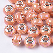 Opaque Resin European Beads, Large Hole Beads, Imitation Porcelain, with Platinum Tone Brass Double Cores, AB Color, Rondelle, Dark Orange, 14x9mm, Hole: 5mm(RPDL-T038-007H)