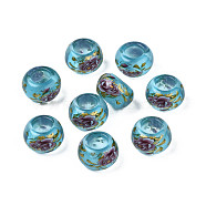 Flower Printed Transparent Acrylic Rondelle Beads, Large Hole Beads, Sky Blue, 15x9mm, Hole: 7mm(TACR-S160-01-B03)