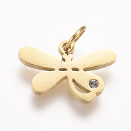 316 Surgical Stainless Steel Pendants, with Rhinestone, Dragonfly Charms, Golden, 10x15x1.5mm, Hole: 3.5mm(KK-I612-06G)