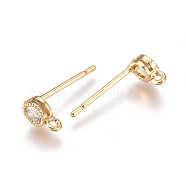 Brass Micro Pave Cubic Zirconia Stud Earring Findings, with Loop, Long-Lasting Plated, Real 18K Gold Plated, Nickel Free, Flat Round, 4.5x2.5mm, Hole: 1mm, Pin: 0.8mm(KK-F728-59G-NF)