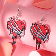 Heart Acrylic Dangle Earrings Jewelry for Halloween/Valentine's Day, Platinum, Skeleton(NV6608-1)