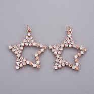Brass Micro Pave Cubic Zirconia Pendants, with Jump Rings, Star with Flower, Clear, Rose Gold, 28x26.5x3mm, Hole: 3mm(ZIRC-L070-41RG)