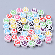 Opaque White Acrylic Beads, Flat Round with Mixed Color Peace Sign, 6.5x3.5mm, Hole: 1.6mm(X-MACR-S273-42)