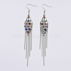 Tassel Earrings, with Alloy Rhinestone Findings, Iron Curb Chains and 316 Surgical Stainless Steel Earring Hooks, Colorful, Antique Silver & Stainless Steel Color, 113~115mm, Pin: 0.6mm(X-EJEW-JE03501)