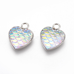 304 Stainless Steel Pendants, with Resin, Heart with Fish Scale Shape, Stainless Steel Color, Colorful, 16x13x3.5mm, Hole: 2mm(STAS-F184-B08)