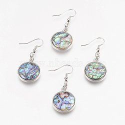 Natural Paua Shell  Dangle Earrings, with Platinum Tone Brass Findings, Flat Round, Colorful, 44mm, Pin: 0.7mm(EJEW-F162-C01)