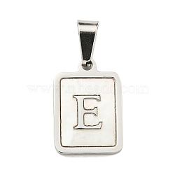 304 Stainless Steel Pave Natural White Shell Pendants, Rectangle with Letter Charms, Stainless Steel Color, Letter E, 17.5x12x1.5mm, Hole: 6x3mm(STAS-S130-03P-E)