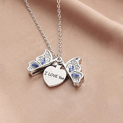 I Love You  Butterfly Alloy Capri Blue Rhinestone Pendant Necklaces for Women, Platinum, 16.54 inch(42cm)(WG31A73-04)