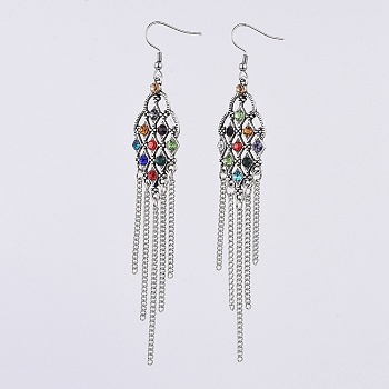 Tassel Earrings, with Alloy Rhinestone Findings, Iron Curb Chains and 316 Surgical Stainless Steel Earring Hooks, Colorful, Antique Silver & Stainless Steel Color, 113~115mm, Pin: 0.6mm