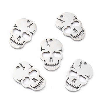 201 Stainless Steel Charms, Laser Cut, Manual Polishing, Skull, Stainless Steel Color, 15x10x1mm, Hole: 1.2mm