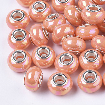 Opaque Resin European Beads, Large Hole Beads, Imitation Porcelain, with Platinum Tone Brass Double Cores, AB Color, Rondelle, Dark Orange, 14x9mm, Hole: 5mm