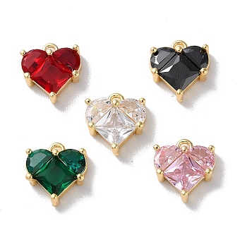 Glass Charms, with Brass Findings, Heart Charm, Mixed Color, Real 18K Gold Plated, 10.5x9.5x3.5mm, Hole: 1.2mm