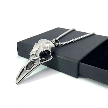 Nordic Viking Raven Skull Stainless Steel Men's Gothic Pendant Necklaces, Stainless Steel Color