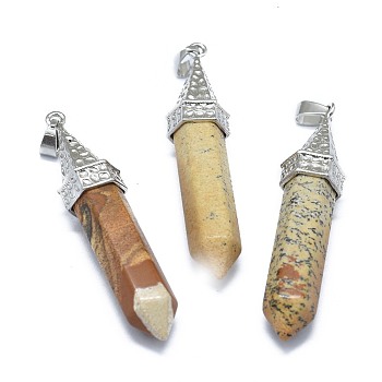 Natural Picture Jasper Pointed Pendants, with Alloy Findings, Bullet, Platinum, 61x14.5x12.5mm, Hole: 3.5x
7.5mm