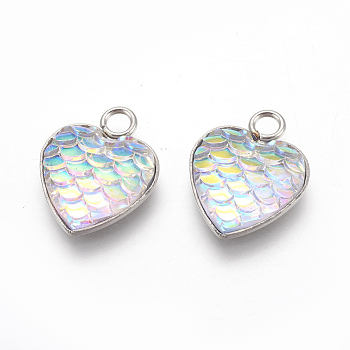 304 Stainless Steel Pendants, with Resin, Heart with Fish Scale Shape, Stainless Steel Color, Colorful, 16x13x3.5mm, Hole: 2mm