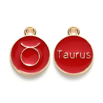Alloy Enamel Pendants, Cadmium Free & Lead Free, Flat Round with Constellation, Light Gold, Red, Taurus, 15x12x2mm, Hole: 1.5mm