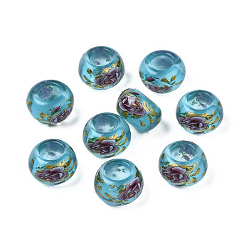 Flower Printed Transparent Acrylic Rondelle Beads, Large Hole Beads, Sky Blue, 15x9mm, Hole: 7mm