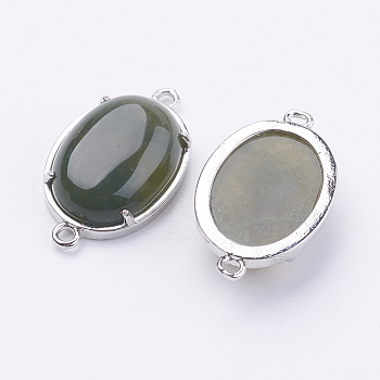 Brass Natural Indian Agate Links connectors, Oval, Platinum, 15x26x5.5~7mm, Hole: 1.5~2mm