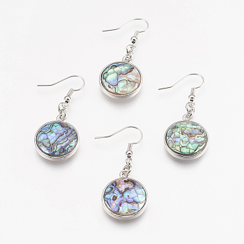 Natural Paua Shell  Dangle Earrings, with Platinum Tone Brass Findings, Flat Round, Colorful, 44mm, Pin: 0.7mm
