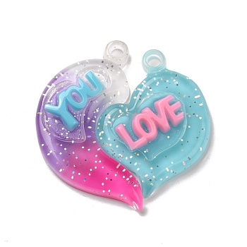 Gradient Color Translucent Resin Pendants, with Glitter Powder, Couple Heart Charm with Word LOVE YOU, Deep Pink, 39x38.5x5.5mm, Hole: 3.5mm, 2pcs/set