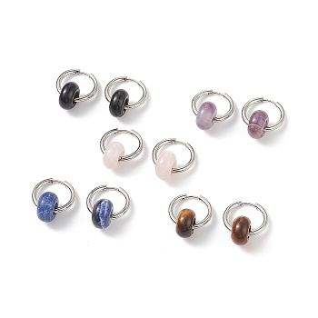 Natural Sodalite & Rose Quartz & Tiger Eye & Amethyst & Obsidian Bead Huggie Hoop Earrings, 201 Stainless Steel Huggie Hoop Earrings, Stainless Steel Color, 24~25mm, Pin: 1mm, 5 pairs/set