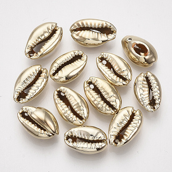 UV Plated Freshwater Shell Pendants, Cowrie Shell, Golden, 13~16x8~10x6~7mm, Hole: 1mm