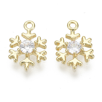 Brass Micro Pave Clear Cubic Zirconia Charms, for Christmas, Nickel Free, Snowflake, Real 18K Gold Plated, 12x8x2mm, Hole: 1.2mm