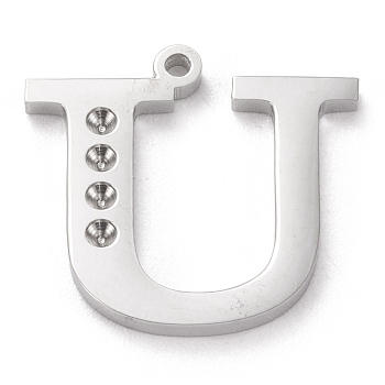 304 Stainless Steel Letter Pendant Rhinestone Settings, Stainless Steel Color, Letter.U, U: 16x17x1.5mm, Hole: 1.2mm, Fit for 1.6mm rhinestone
