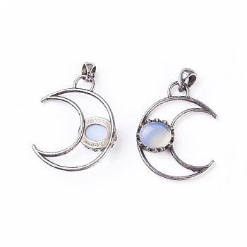 Opalite Pendants, with Brass Findings, Moon, Antique Silver, 38~38.5x30~31x6~7mm, Hole: 5x7mm