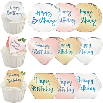 27Pcs 9 Styles Mirror Effect Acrylic Birthday Cupcake Insert Card Decoration, Cake Toppers, Mixed Shapes, 43.5~50x48.5~50x1.5mm, 3pcs/style