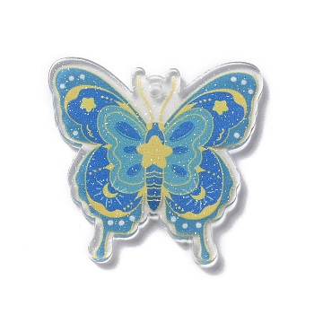 Transparent Acrylic Pendants, Butterfly, Blue, 36~36.5x38x2~2.5mm, Hole: 2mm