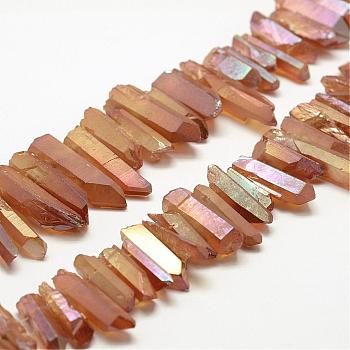 Electroplated Natural Quartz Crystal Beads Strands, Nuggets, Tusk Shape, AB Color, Dyed, Sandy Brown, 7~15x18~60mm, Hole: 1mm, about 46pcs/strand, 16 inch