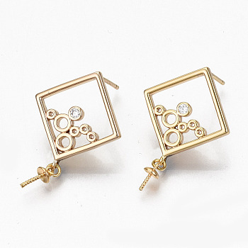 Brass Micro Pave Cubic Zirconia Stud Earring Findings, with Peg Bails, For Half Drilled Beads, Nickel Free, Kite, Real 18K Gold Plated, 28x19mm, pin: 0.7mm, pin: 0.7mm(for half drilled beads).