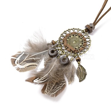 Alloy Woven Net with Feather Pendant Necklace with Wood Beads(NJEW-P261-01AB)-3